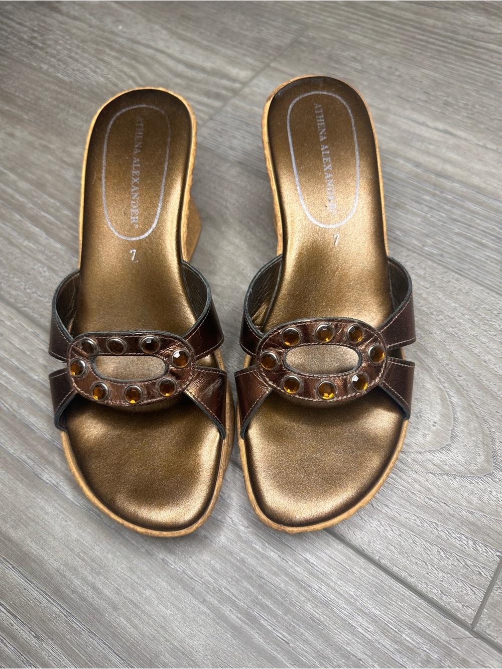 Athena Alexander Bronze Metallic Wedge Slide Sandals with Amber Accents